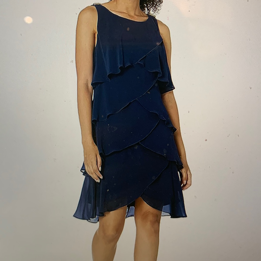 Laura Size 8p Navy Blue Fun Party Dress With Small Diamond Accent On Shoulders